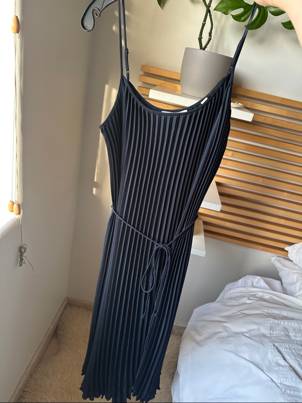 Vince Black Pleated Midi Slip Dress with Tie